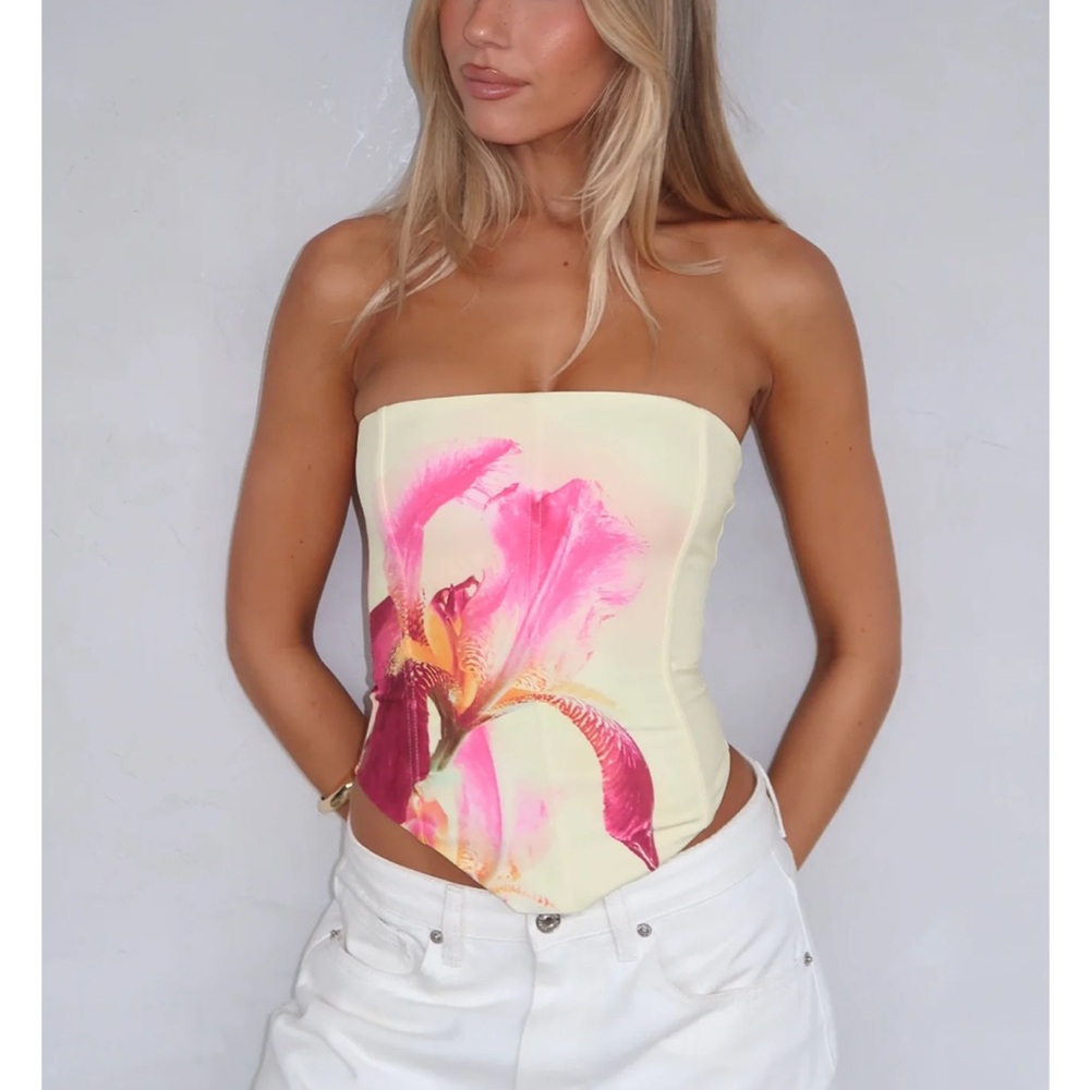 White Fox Boutique Floral Strapless Crop Top  XXS